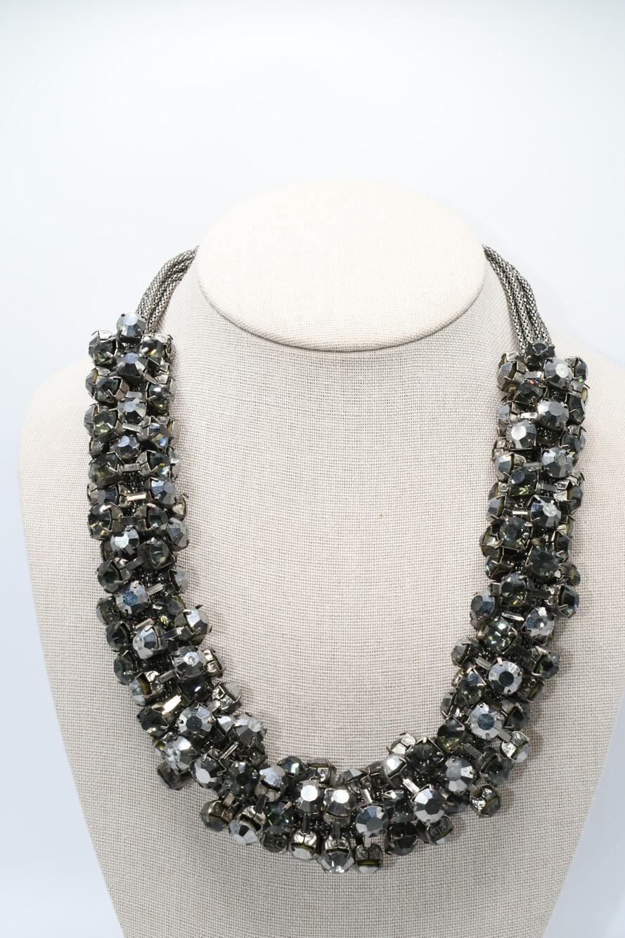 Vintage Gray Rhinestone Loop Necklace Multi Chain Toggle Clasp Statement